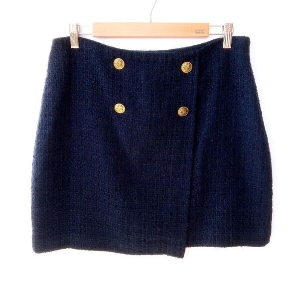 Ann Taylor LOFT Navy Blue Tweed  Gold Crest  Buttons Asymmetrical Flap Skirt 12P - Picture 1 of 8